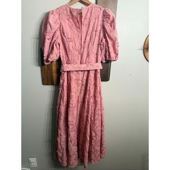 ASOS Design Pink Textured Jacquard Belted Romantic Chic Midi Skater Dress Size 8 - Picture 2 of 5